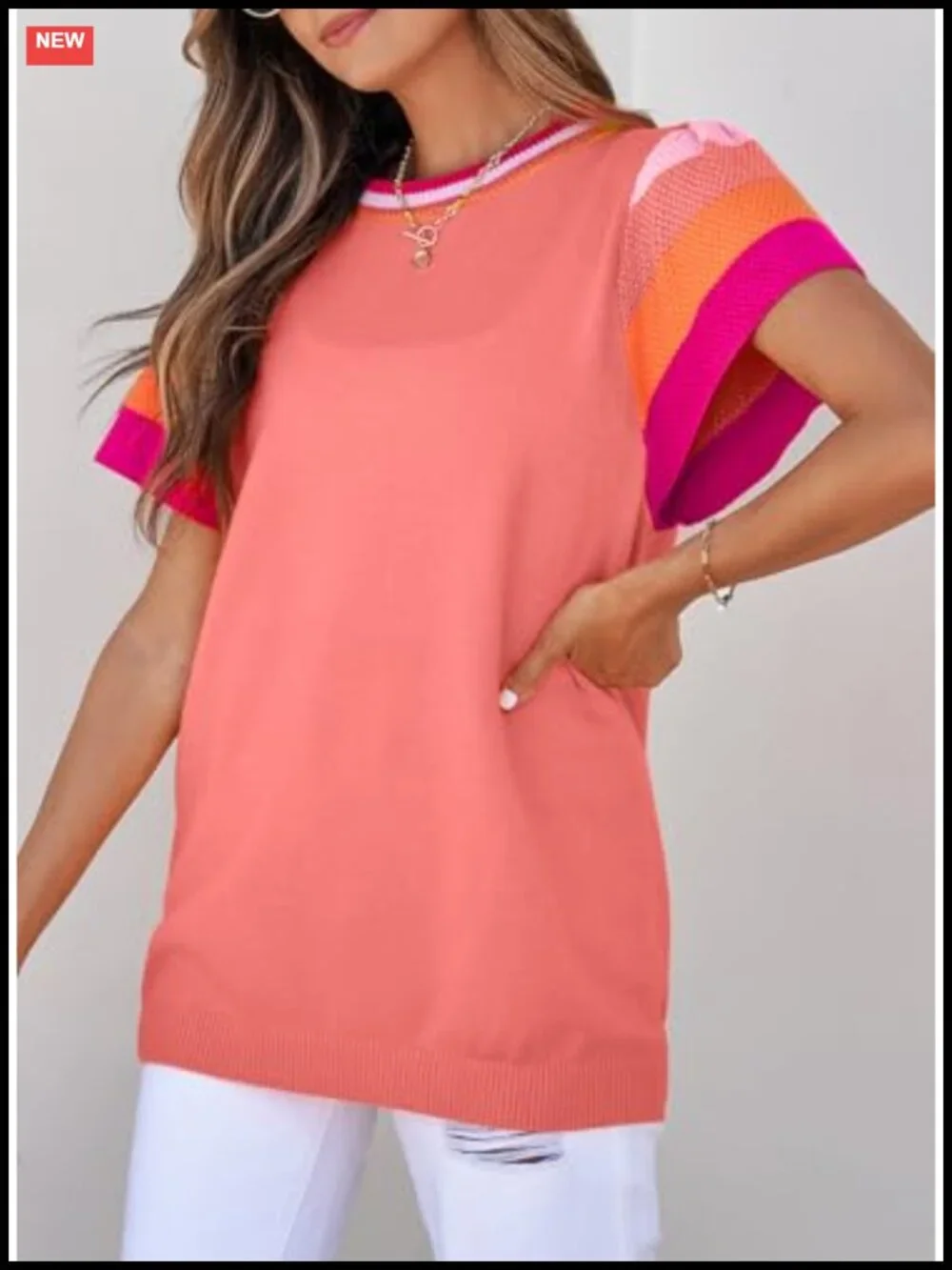 Women's Color Block Knit Pullover Sweater Short Sleeve Crewneck Lightweight